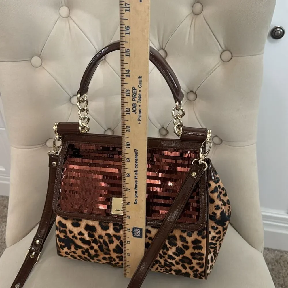 Sharif Leopard Print Satchel with Rose Gold Sequined Flap and Brown Trim